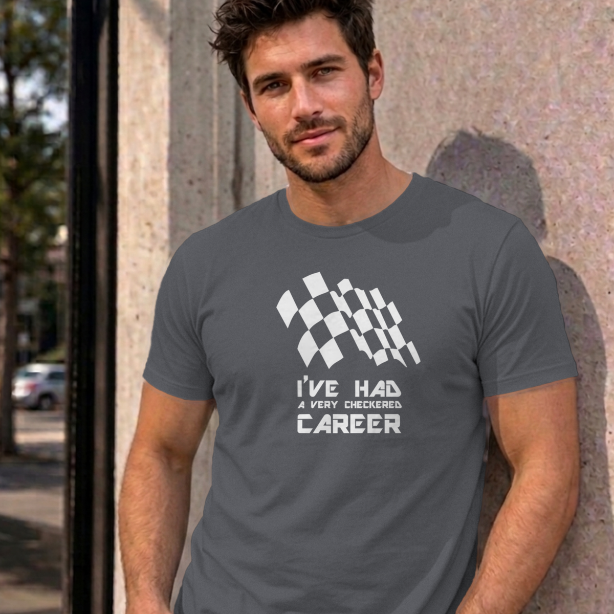 Man wearing the charcoal Checkered Career graphic tee