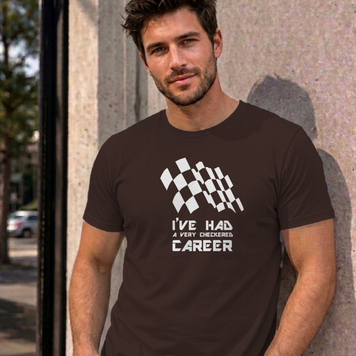 Man wearing the dark chocolate Checkered Career graphic tee
