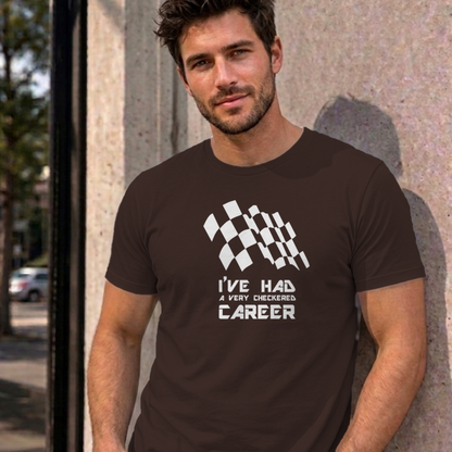 Man wearing the dark chocolate Checkered Career graphic tee