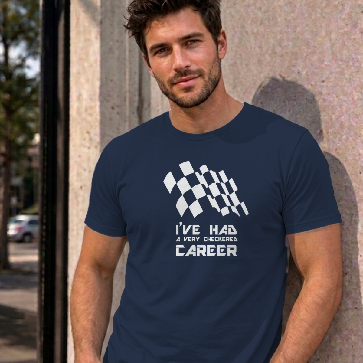 Man wearing the navy Checkered Career graphic tee