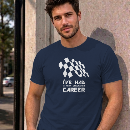 Man wearing the navy Checkered Career graphic tee