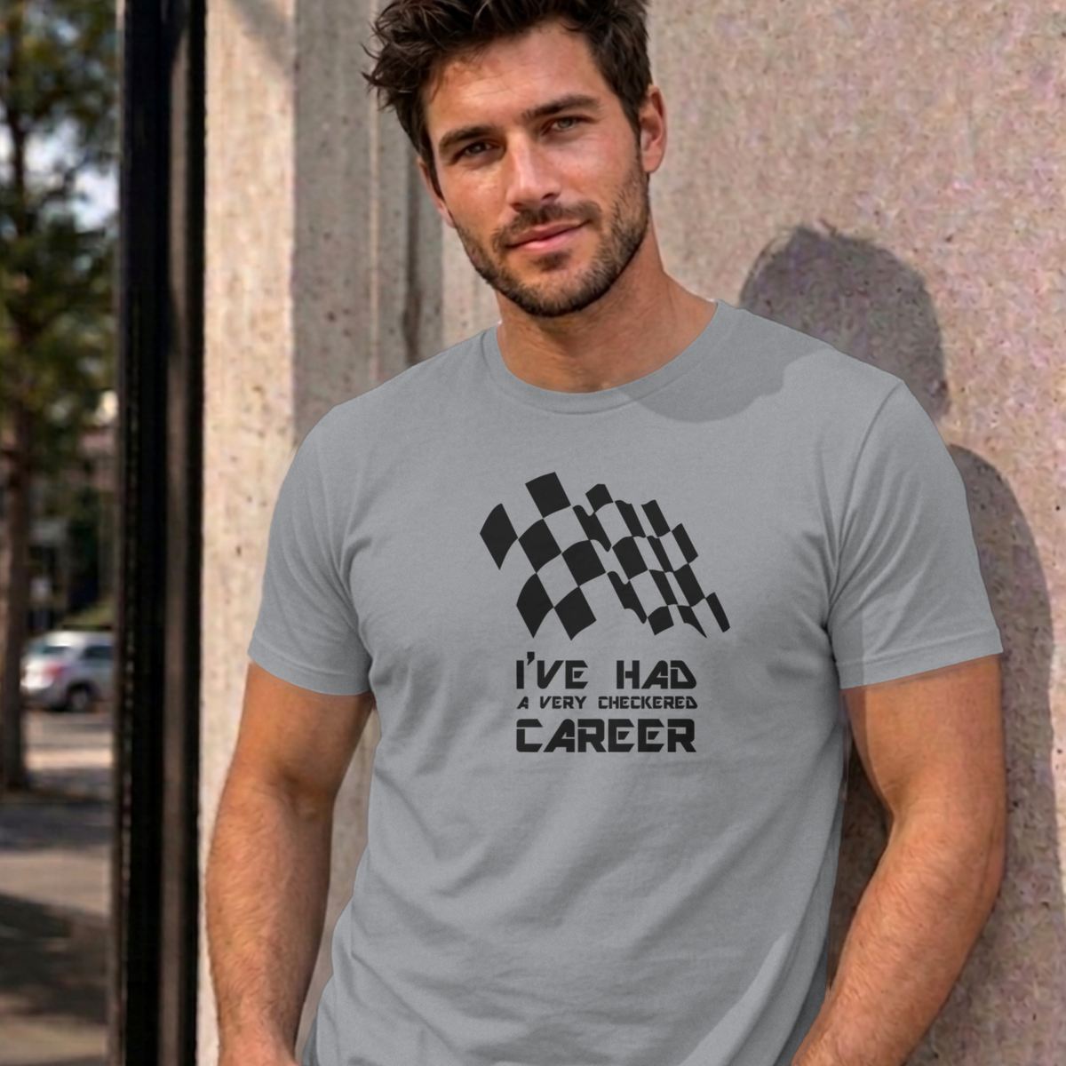 Man wearing the sport grey Checkered Career graphic tee