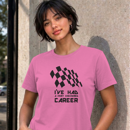 Woman wearing the azalea Checkered Career graphic tee