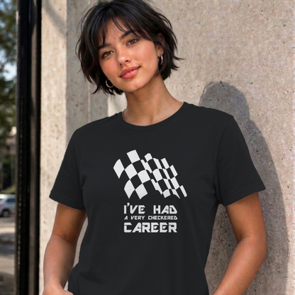 Woman wearing the black Checkered Career graphic tee