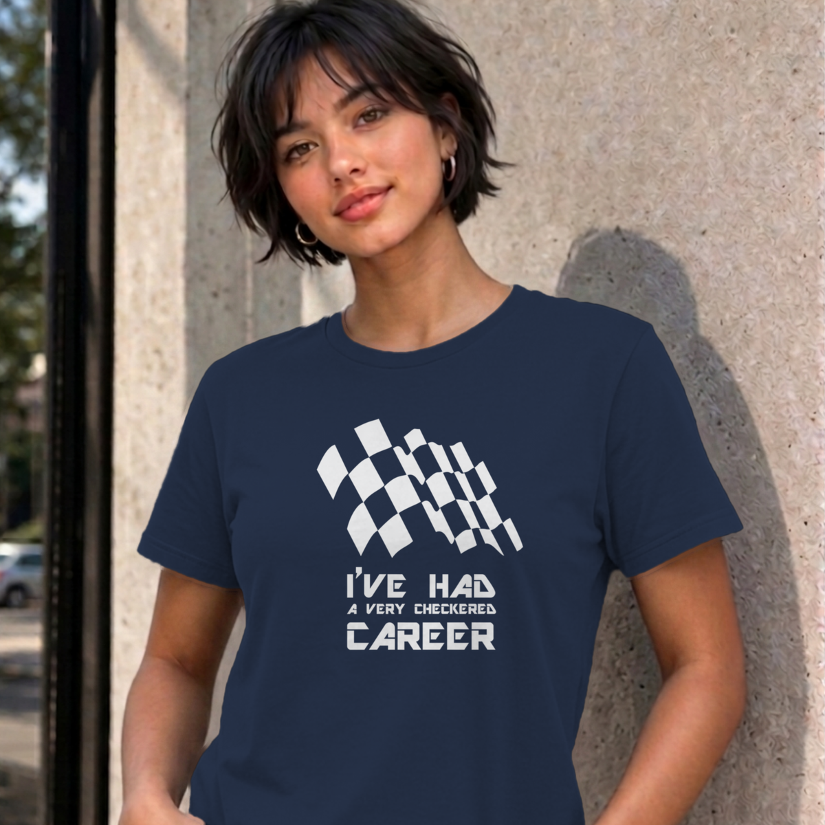 Woman wearing the navy Checkered Career graphic tee