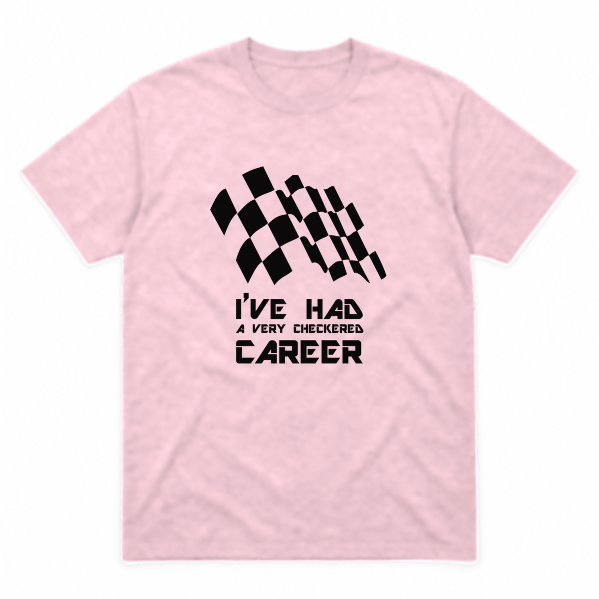 Checkered Career graphic tee in light pink with black print, front view