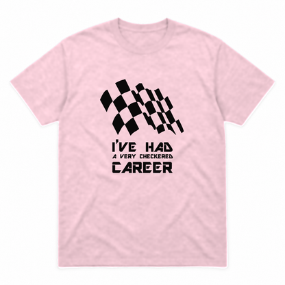 Checkered Career graphic tee in light pink with black print, front view