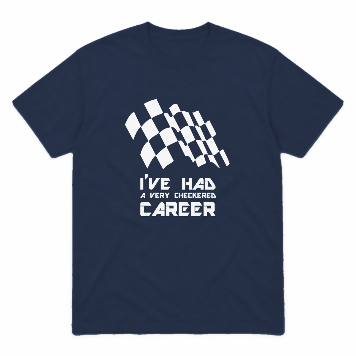 Checkered Career graphic tee in navy with white print, front view