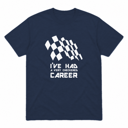 Checkered Career graphic tee in navy with white print, front view