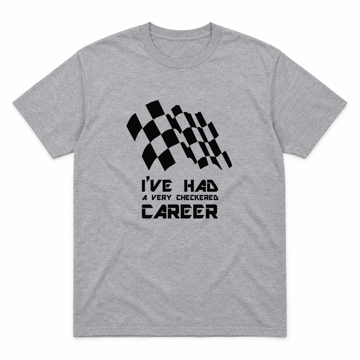 Checkered Career graphic tee in sport grey with black print, front view