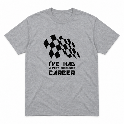 Checkered Career graphic tee in sport grey with black print, front view