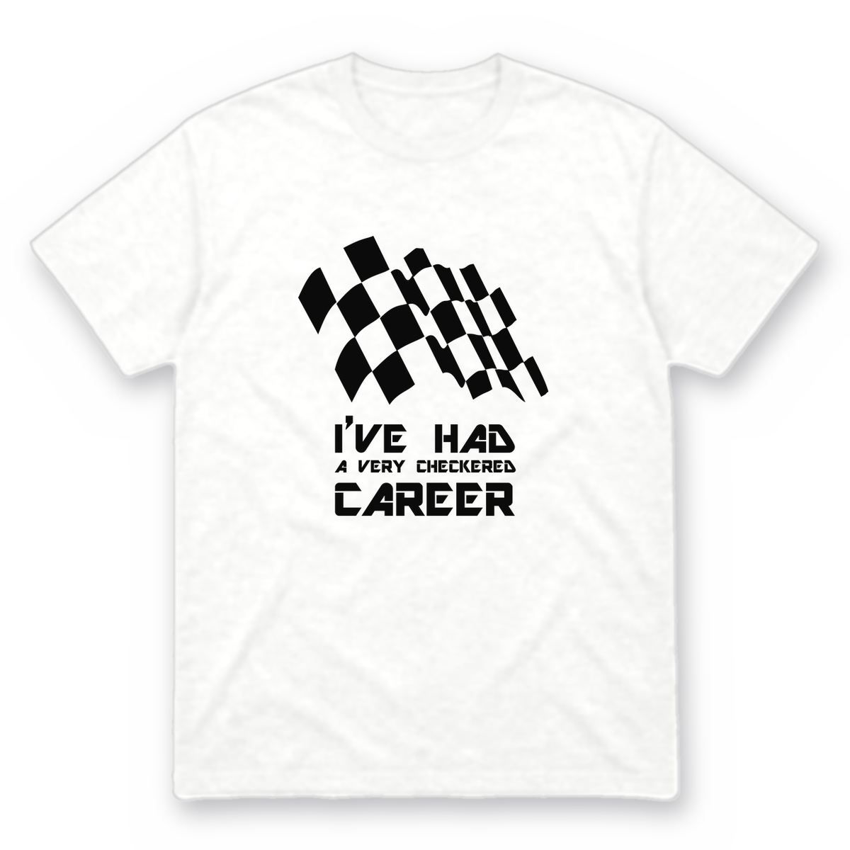 Checkered Career graphic tee in white with black print, front view