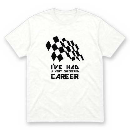 Checkered Career graphic tee in white with black print, front view