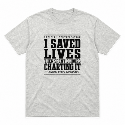 Nurse Charting graphic tee in ash with black print, front view