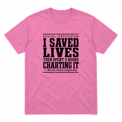 Nurse Charting graphic tee in azalea with black print, front view