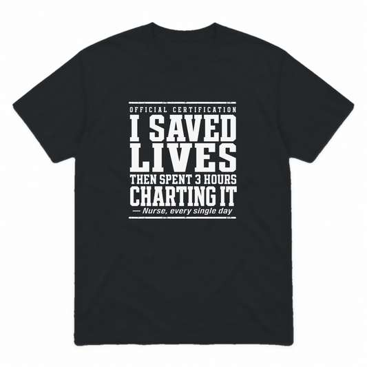 Nurse Charting graphic tee in black with white print, front view