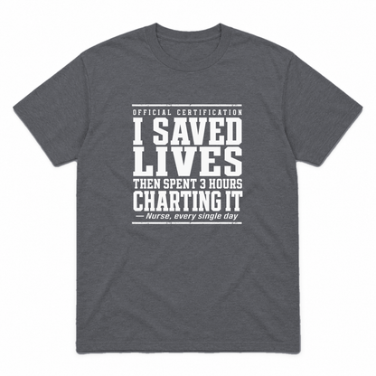 Nurse Charting graphic tee in charcoal with white print, front view