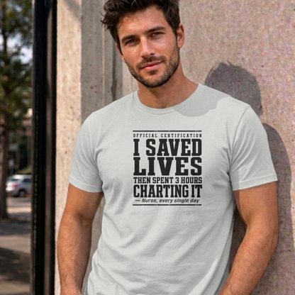 Man wearing the ash Nurse Charting graphic tee