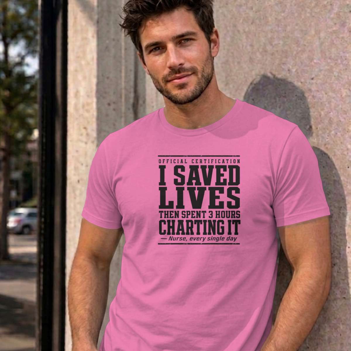 Man wearing the azalea Nurse Charting graphic tee