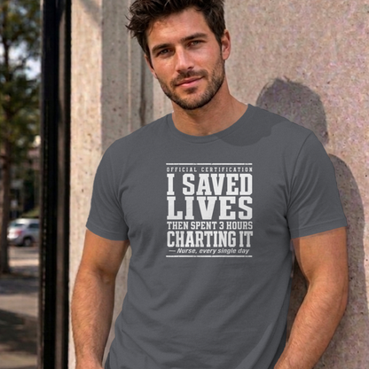 Man wearing the charcoal Nurse Charting graphic tee