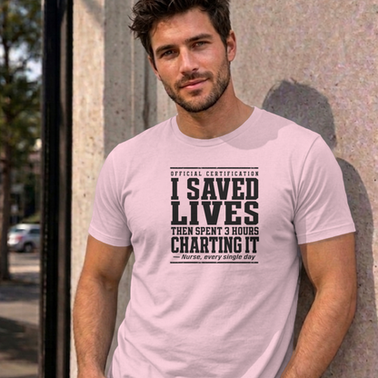 Man wearing the light pink Nurse Charting graphic tee