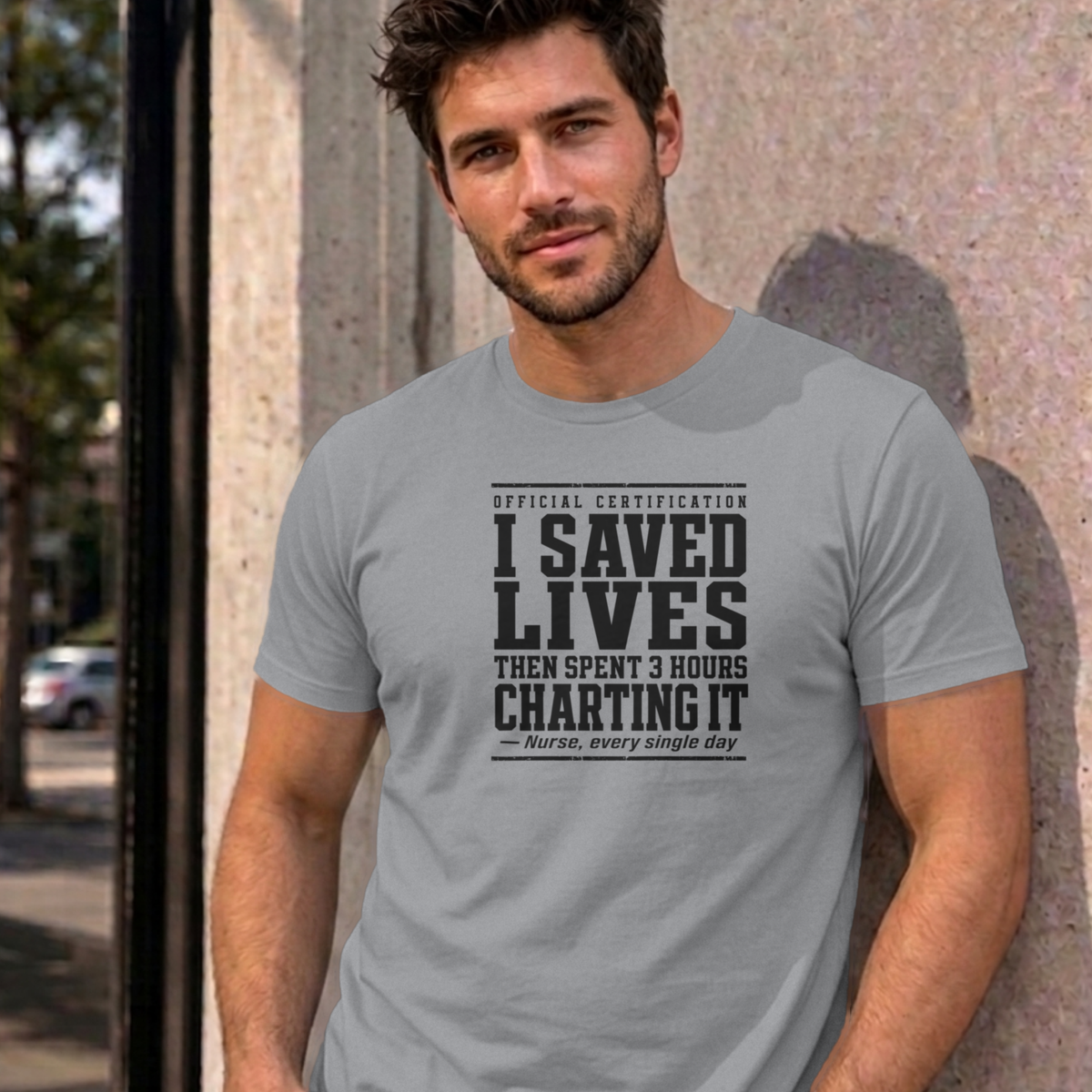Man wearing the sport grey Nurse Charting graphic tee