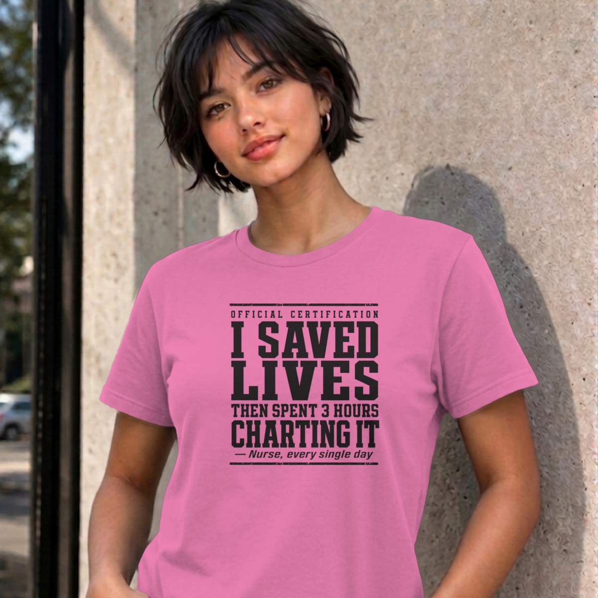 Woman wearing the azalea Nurse Charting graphic tee