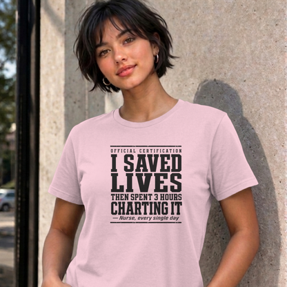 Woman wearing the light pink Nurse Charting graphic tee