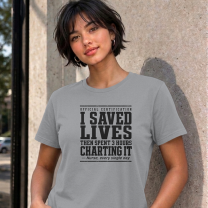 Woman wearing the sport grey Nurse Charting graphic tee