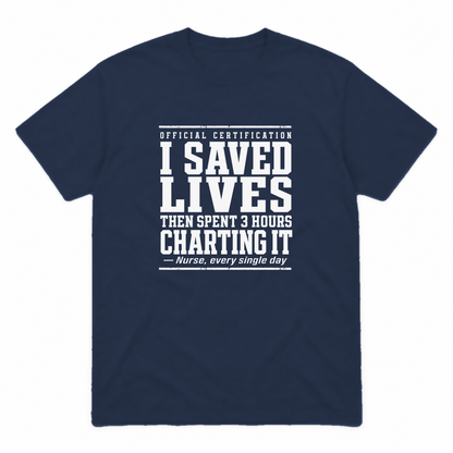 Nurse Charting graphic tee in navy with white print, front view