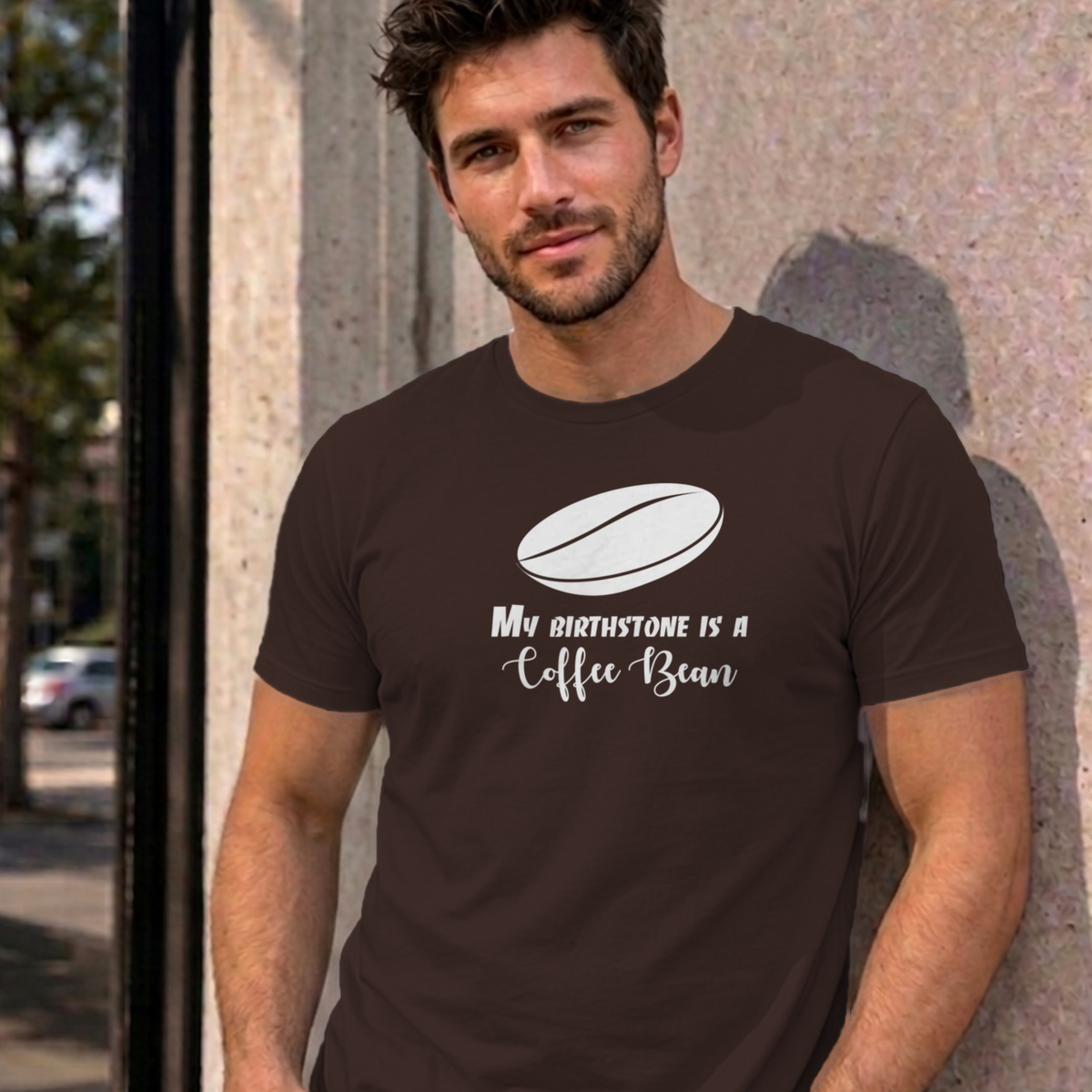 Man wearing the dark chocolate My Birthstone Is a Coffee Bean graphic tee