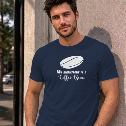 Man wearing the navy My Birthstone Is a Coffee Bean graphic tee