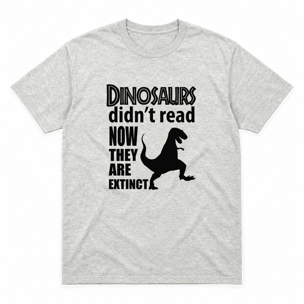 Dinosaurs Didn't Read graphic tee in ash with black print, front view