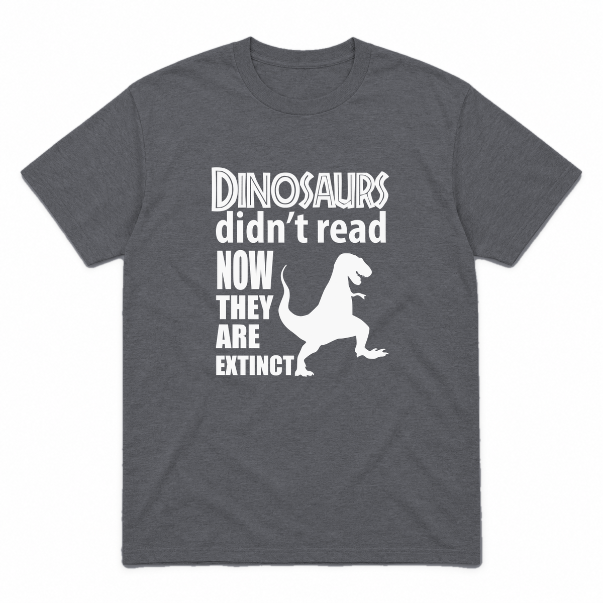 Dinosaurs Didn't Read graphic tee in charcoal with white print, front view
