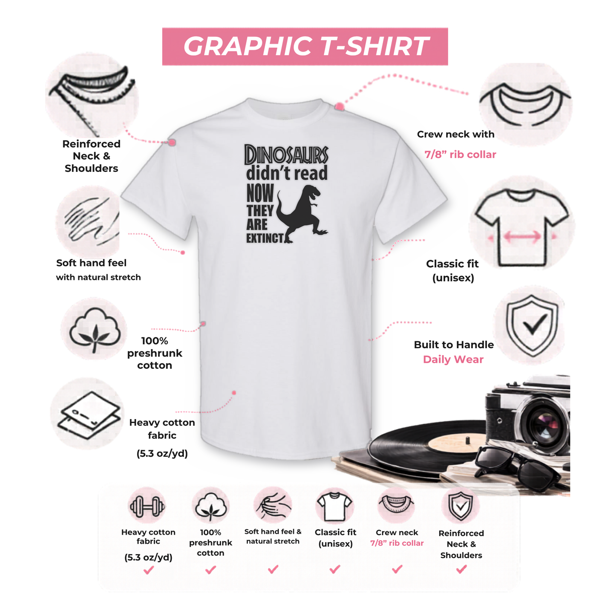 Gildan 5000 graphic tee features: reinforced neck, rib collar, classic unisex fit, heavy cotton