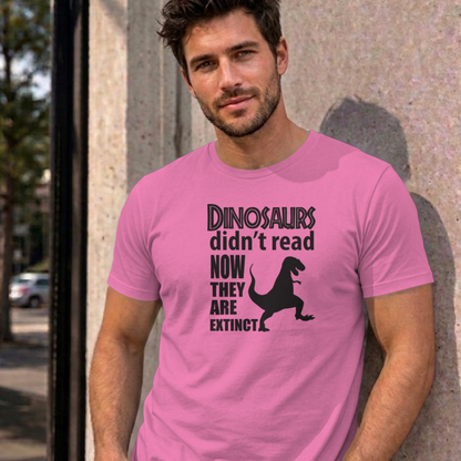 Man wearing the azalea Dinosaurs Didn't Read graphic tee