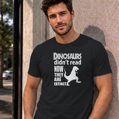 Man wearing the black Dinosaurs Didn't Read graphic tee