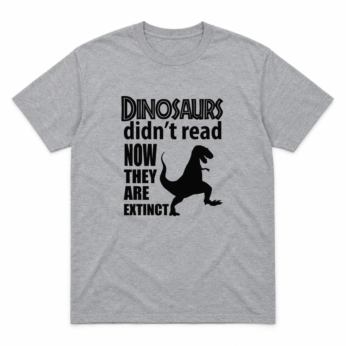 Dinosaurs Didn't Read graphic tee in sport grey with black print, front view