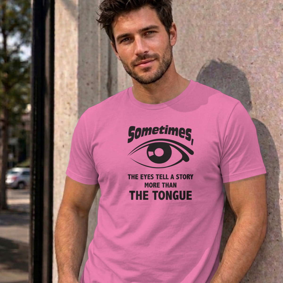 Man wearing the azalea Eyes Tell a Story graphic tee