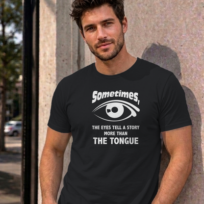 Man wearing the black Eyes Tell a Story graphic tee
