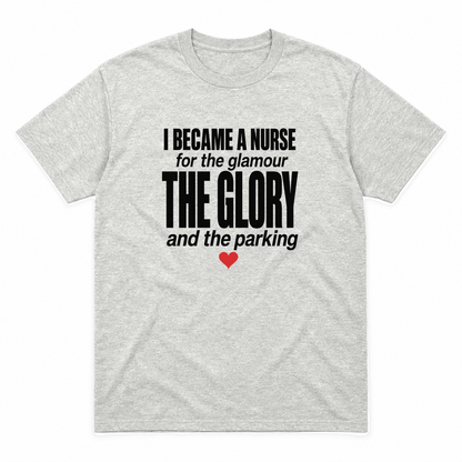Nurse Glamour graphic tee in ash with black print and red heart, front view