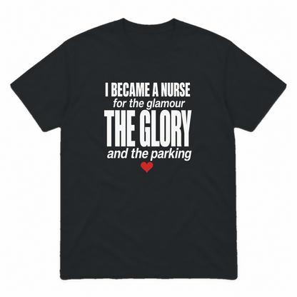 Nurse Glamour graphic tee in black with white print and red heart, front view