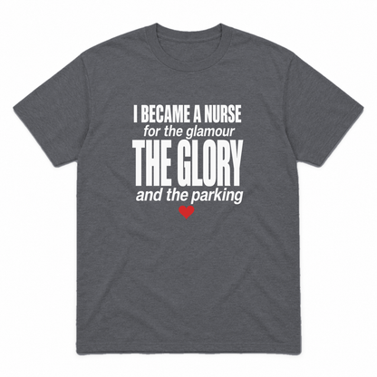 Nurse Glamour graphic tee in charcoal with white print and red heart, front view