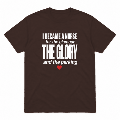 Nurse Glamour graphic tee in dark chocolate with white print and red heart, front view