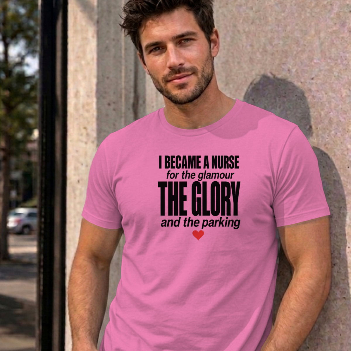 Man wearing the azalea Nurse Glamour graphic tee