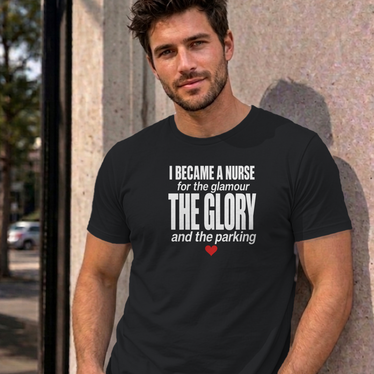 Man wearing the black Nurse Glamour graphic tee