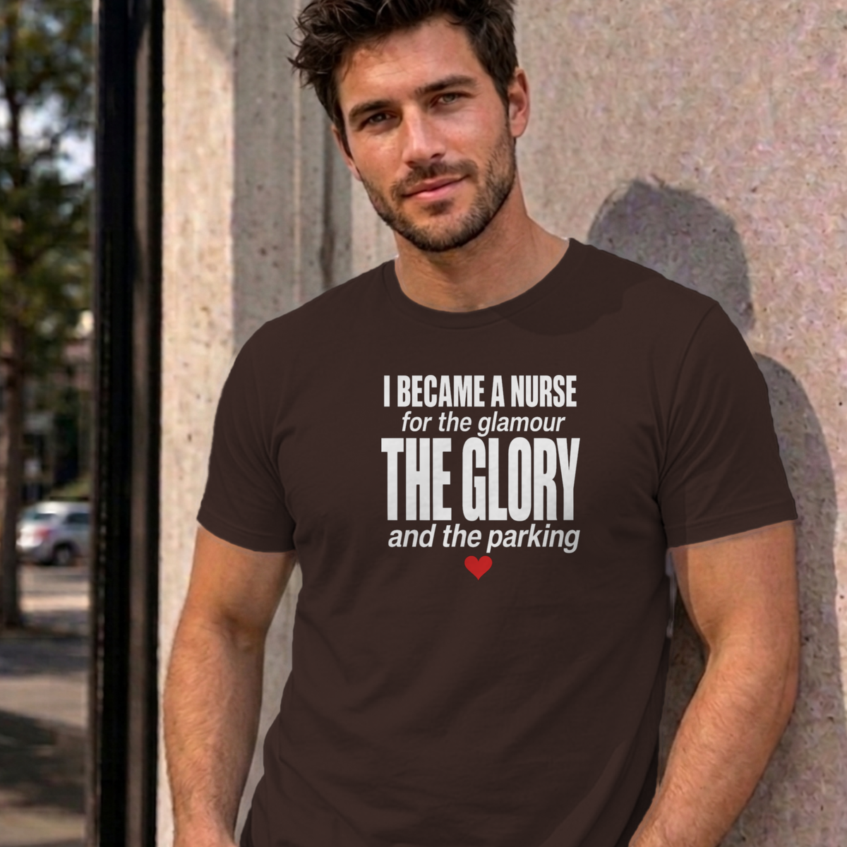 Man wearing the dark chocolate Nurse Glamour graphic tee