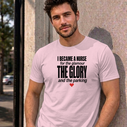 Man wearing the light pink Nurse Glamour graphic tee