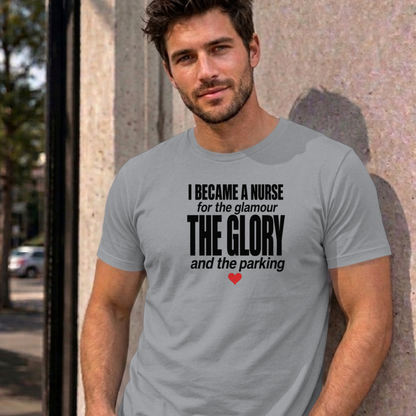 Man wearing the sport grey Nurse Glamour graphic tee
