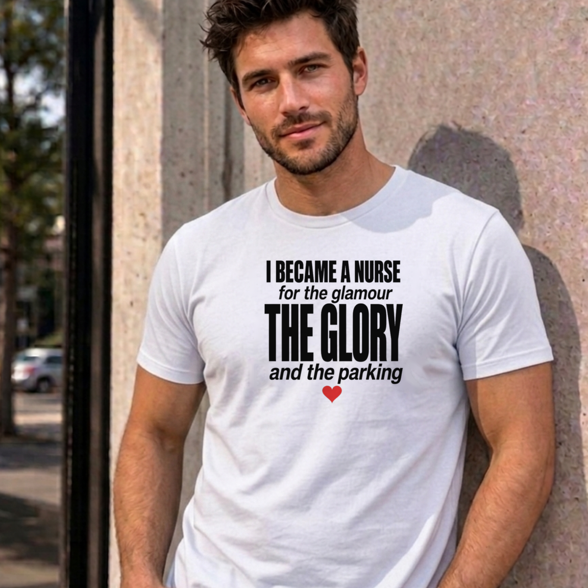 Man wearing the white Nurse Glamour graphic tee